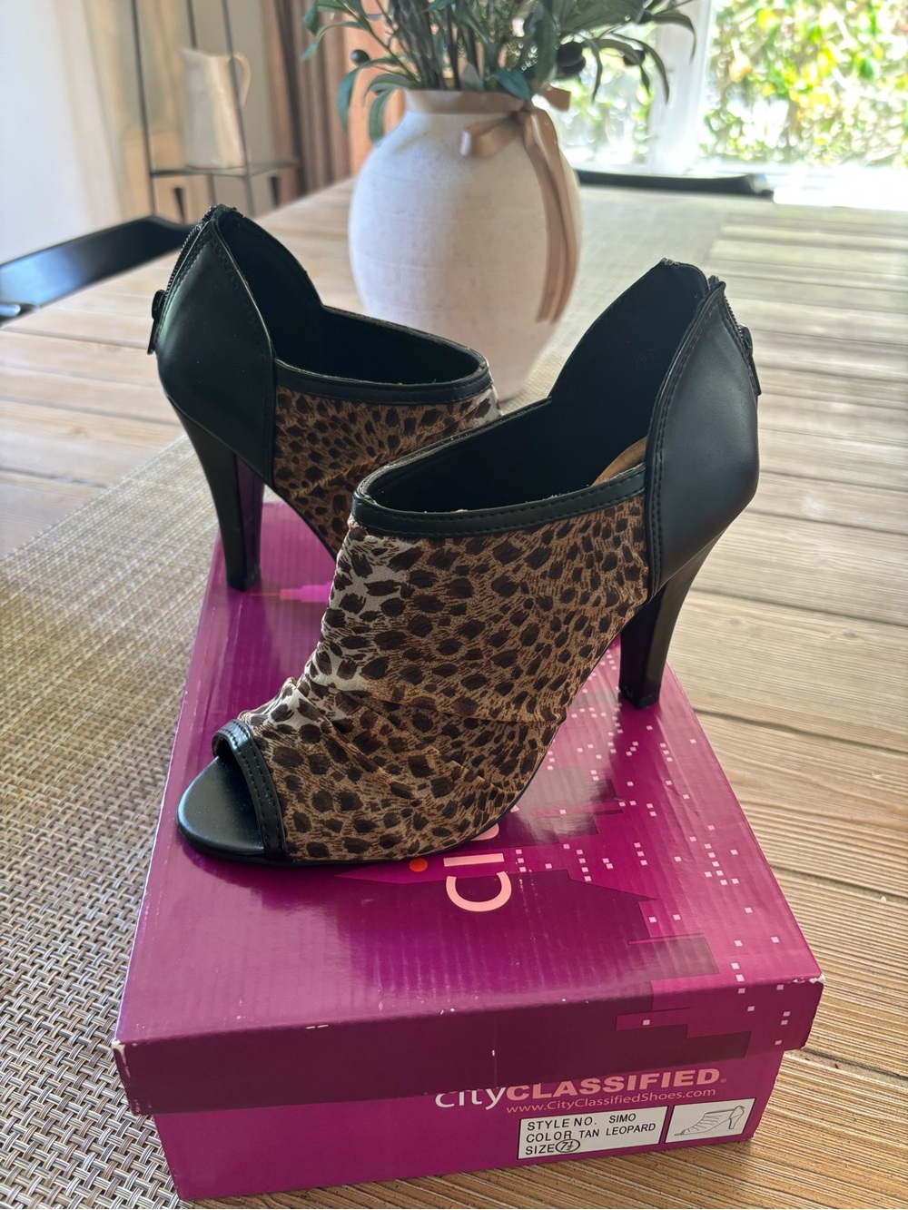 Leopard Print Peep-Toe High Heel Booties - Black & Leopard. Size 7 1/2